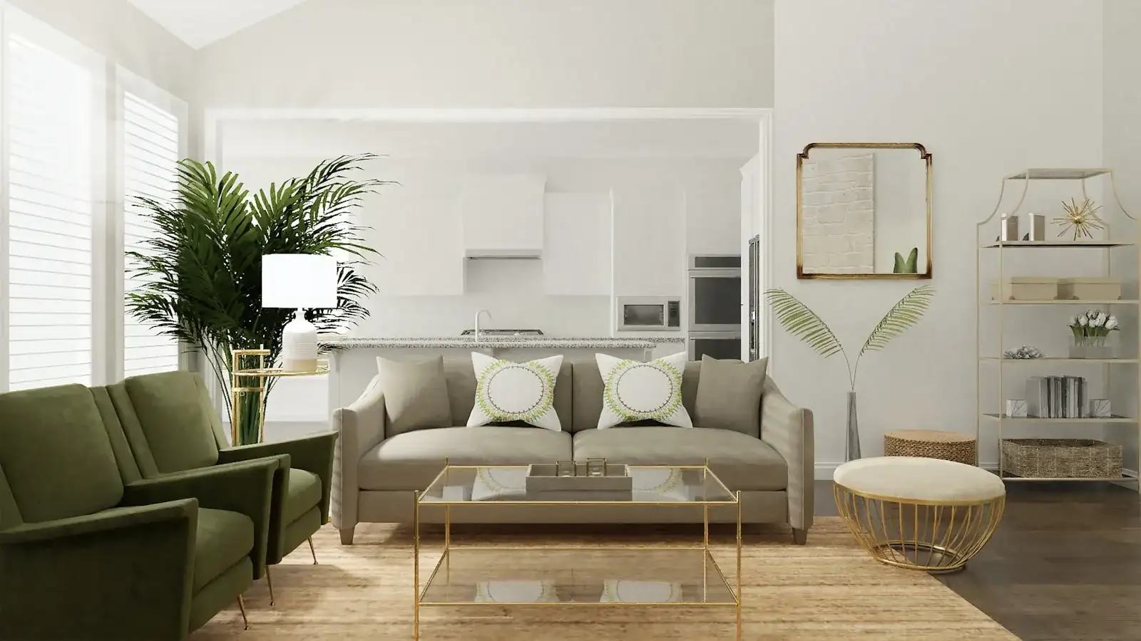 Modern bright living room with large windows